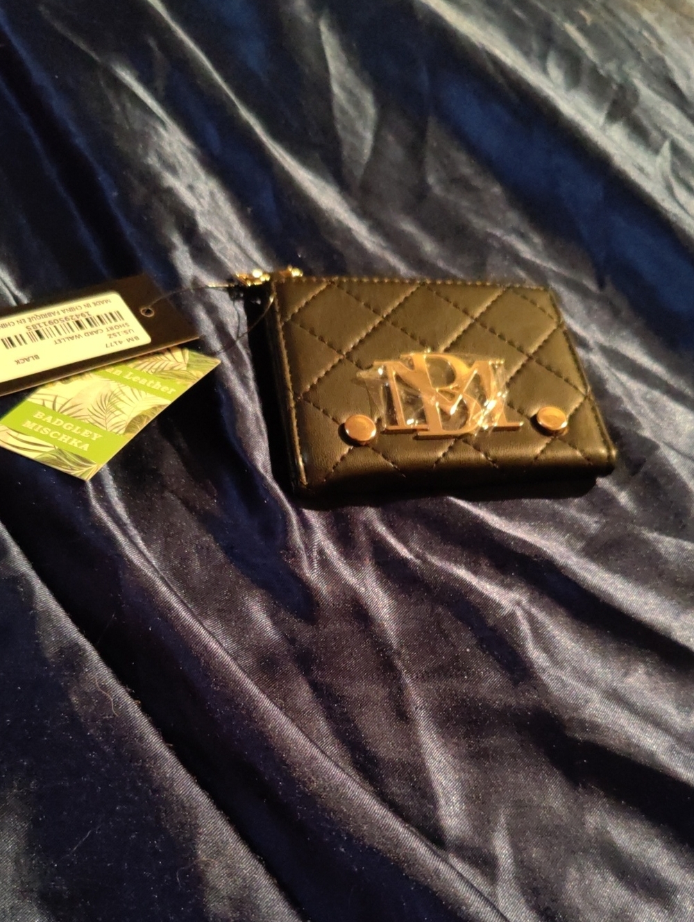 NWT Badgley Mischka Black Quilted Card Pouch with Gold Monogram